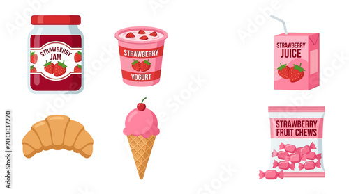 Various strawberry flavored food items rotating in this animated collection motion graphics loop for commercial food industry presentation digital footage