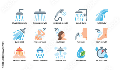 Shower and water control icons arranged in grid on white background