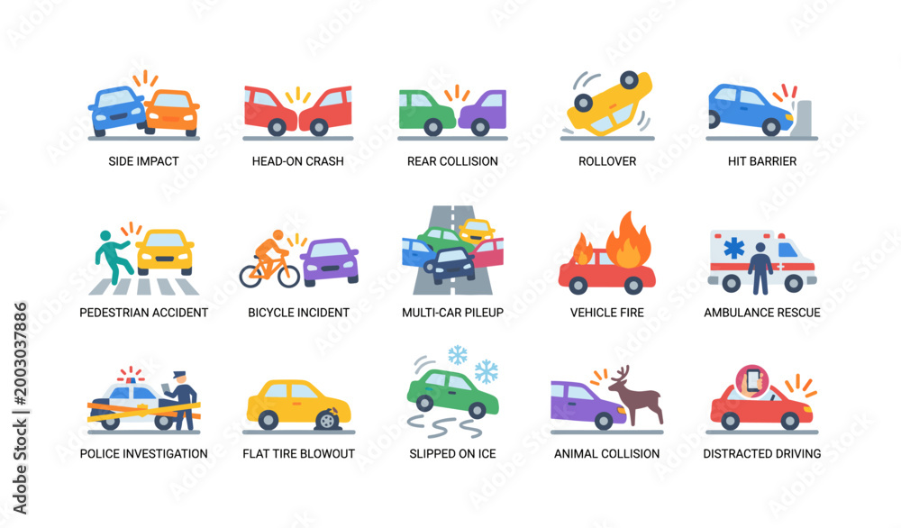 Fototapeta premium Various vehicle accident and emergency icons arranged in grid