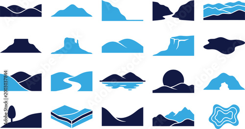 Collection of landscape and nature scene icons and symbols for graphic design.