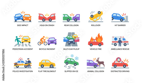 Various vehicle accident and emergency icons arranged in grid