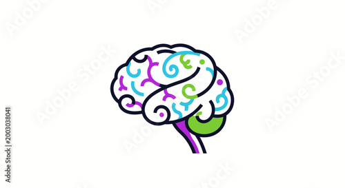 Colorful Brain Illustration with Abstract Swirls and Purple Stem for Creative Concept.