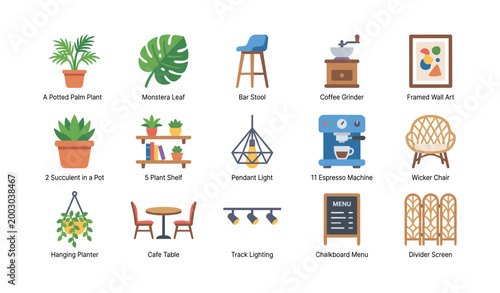 Indoor decor and furniture icons displayed in labeled grid layout