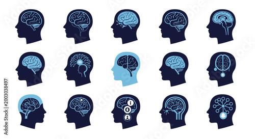 Collection of blue human head silhouettes displaying brain concepts and cognitive icons in a vector illustration set.