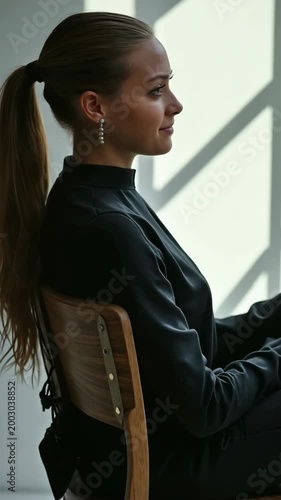 Side view of an elegant young woman with long hair, wearing a black top and stylish earrings, sitting on a wooden chair in a bright, minimalist setting with natural light.