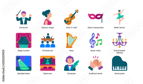 Theater and music performance icons shown in grid on white