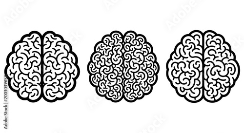 Triptych of Stylized Brains: Three Black and White Vector Illustrations.