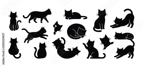 Black cat silhouette collection, set of 15 feline vector icons in various poses, minimalist kitten shapes for pet branding and halloween design