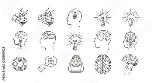 Group of Sketches Depicting Brainstorming, Ideas, and Mental Processes Through Lightbulbs and Head Silhouettes.