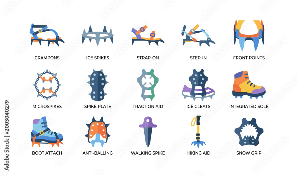 Fototapeta premium Crampon and traction icons showing footwear attachments and spikes