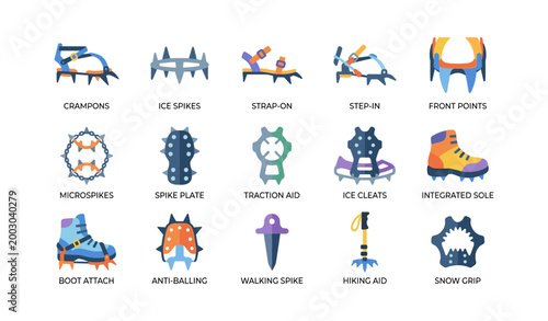 Crampon and traction icons showing footwear attachments and spikes