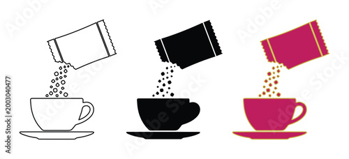 Minimalist sugar packet pouring into coffee cup icons, sweetening hot drink vector set, black and pink sweetener sachet illustrations