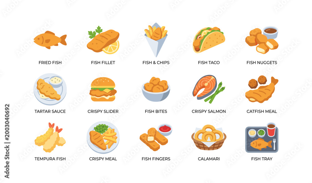 Fototapeta premium Variety of fish dishes illustrated as food icons on white background