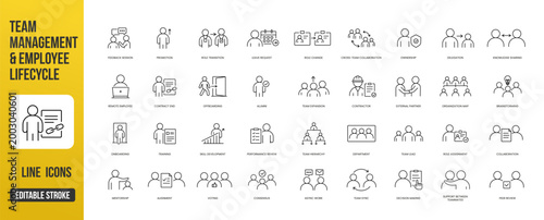 A set of team management and employee lifecycle icons for HR processes, collaboration, feedback, and workforce development, created in line style with editable stroke