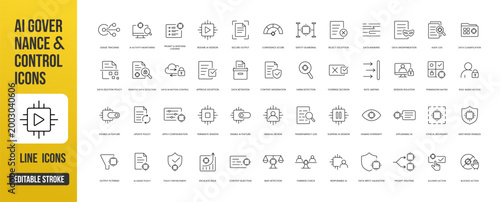 A comprehensive set of AI governance and control icons for monitoring, policy enforcement, data protection, auditing, and responsible AI operations, created in line style with editable stroke