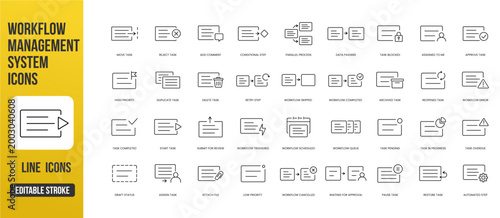 A comprehensive set of workflow management UI icons for task states, automation steps, and process control in web and app interfaces, created in line style with editable stroke