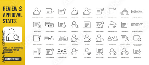 A comprehensive set of review and approval workflow state UI icons for tracking processes, actions, and decisions in web and app interfaces, created in line style with editable stroke