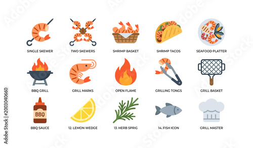 Seafood and grilling icons showing shrimp and barbecue items