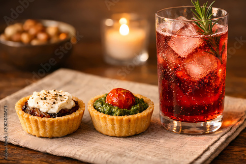 Mini savory tartlets with goat cheese and pesto next to a ruby-red sparkling non-alcoholic spritz. Bubbles, candlelight. Stock photo.
