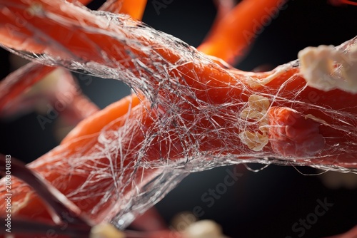Human tissue fiber mesh microscopic view biological sample close up medical research red tissue collagen fiber extracellular matrix cell structure