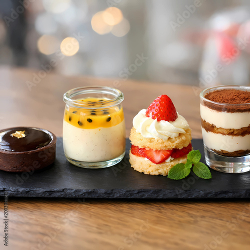 Black slate board with four mini desserts: chocolate tart, panna cotta, shortcake, tiramisu. High detail, natural light. Stock photo.