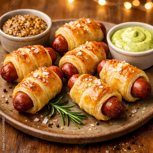 Golden-brown pigs in a blanket with flaky pastry on stone plate. Served with mustard and dill aioli. Modern, cozy. Stock photo.