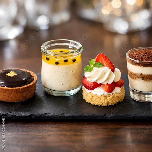 Black slate board with four mini desserts: chocolate tart, panna cotta, shortcake, tiramisu. High detail, natural light. Stock photo.