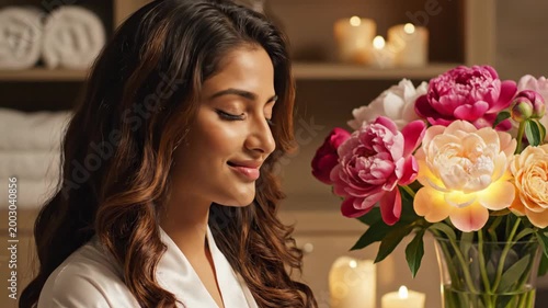 Woman Breathing Scent of Glowing Peonies in a Relaxing Candlelit Spa Environment