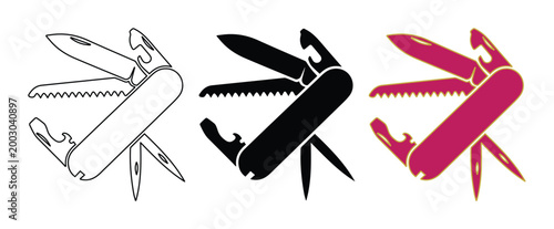Multipurpose pocket knife vector set, swiss army knife icons in black and red, versatile folding tool collection for camping and survival gear