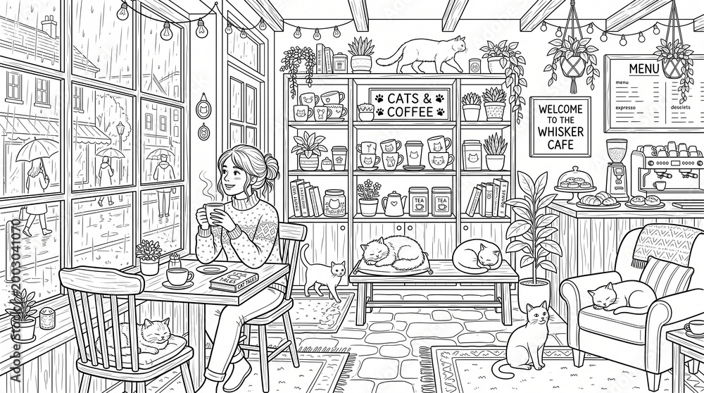 Fototapeta premium Cozy cat cafe coloring page with woman, multiple cats and rainy window, detailed relaxing line art printable