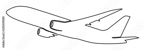 Minimalist continuous line drawing of a commercial airplane, modern jet aircraft vector illustration, simple black outline of a passenger plane in flight