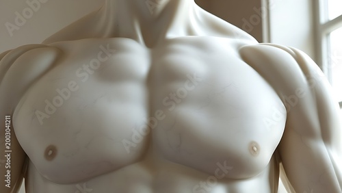 Classical marble sculpture torso fragment with defined muscular lines.
