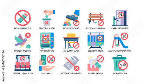 No gum icons promoting disposal and cleanliness on white background
