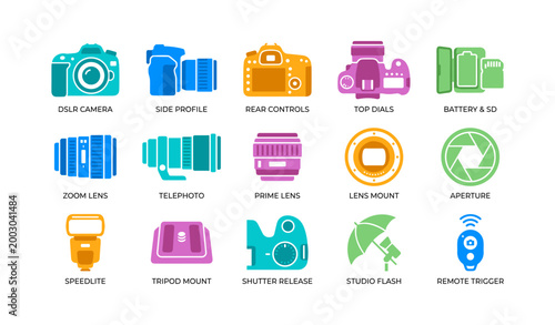 Dslr icons showing photography equipment and controls on white backdrop