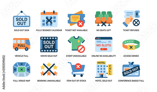Sold out and booking unavailable icons arranged on white background
