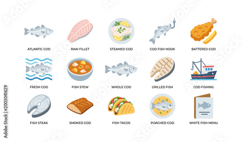 Collection of cod fish and seafood icons on white background