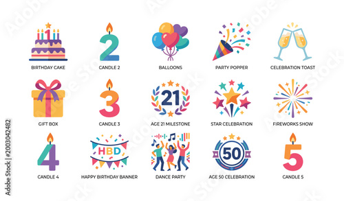Birthday and celebration icons featuring cake, candles and fireworks