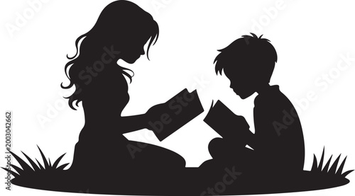Mother reading bedtime story to her child in bed with moon and stars background silhouette illustrating nightly sleep routine.Family Learning and Education Illustration