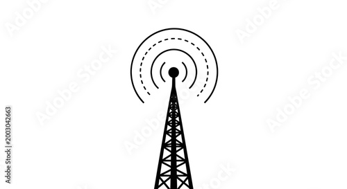 Black radio tower broadcasting signal icon.
