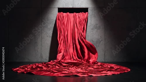 Glossy Red Silk Fabric Flowing From a Concrete Wall and Cascading Onto a Dark Floor