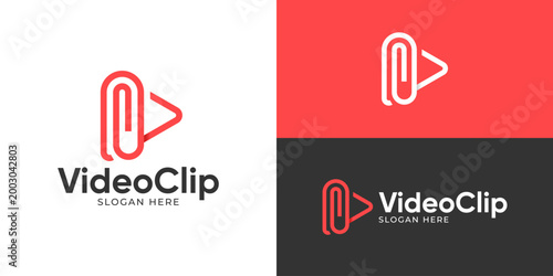 Creative simple video clip logo template. Abstract paper clip with play symbol logo design vector illustration.