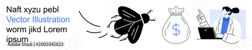 Financial fraud, corruption, advice services, consulting, scams, prevention. A fly buzzing near a money bag and a professional pointing at a screen. Focus on fraud prevention and consulting