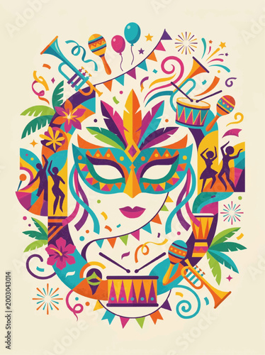 Brazilian carnival face mask, flat vector illustration, vibrant green and orange, festival and party concept
