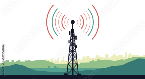 Cellular network tower with signal waves.