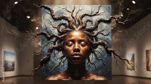 Portrait Painting of Black Woman with Branch Hair Displayed in Art Gallery with Drifting Smoke