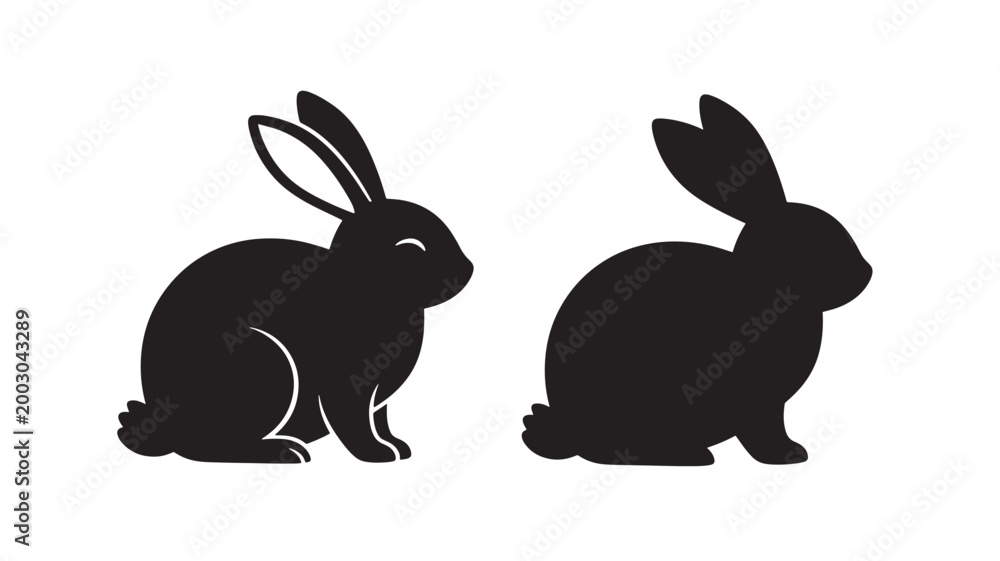 Obraz premium Rabbit icon silhouette set with simple black vector shapes and side profile poses on white background