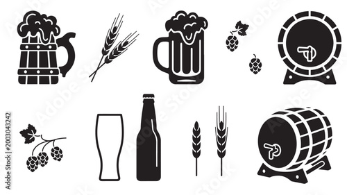 Beer brewing icon set with wheat, hops, foam mug, wheat stalks, and barrel elements for casual drink branding
