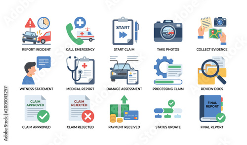 Insurance claim icons illustrating accident reporting workflow