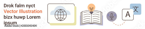 Education, global connectivity, translation, knowledge exchange, language learning, innovation. Icon designs include a globe, a book with a light bulb and translation symbols. Education and global