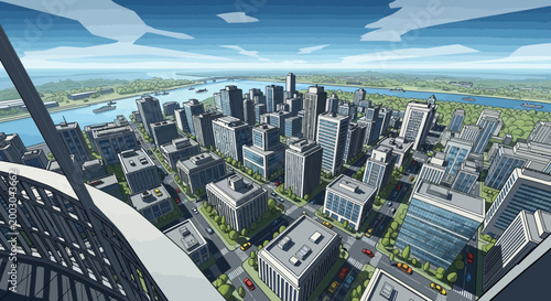 Aerial view of a modern cityscape with skyscrapers and green spaces.